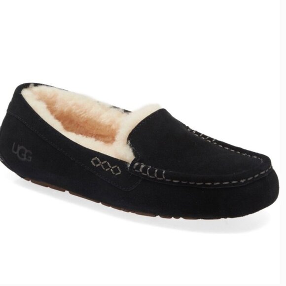 UGG Shoes - Ugg Ansley Slippers Suede Slip On Shearling Lined Moccasins Shoes Black Size 6